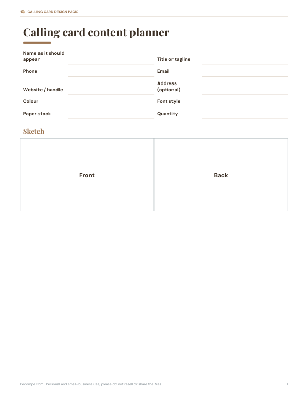 Preview of Printable Calling Card Content Planner